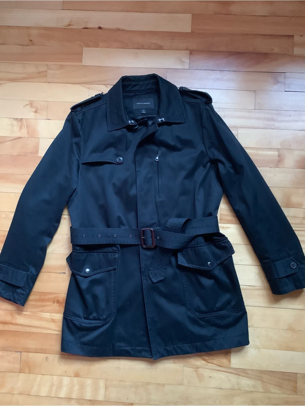 Banana Republic Men's Black Trench Coat with Belted Waist